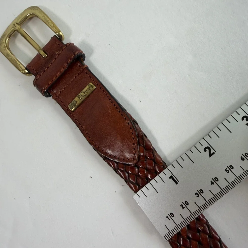 EQVVS Woven Braided Leather Belt XL 38-40 Brown Solid Brass England Handmade